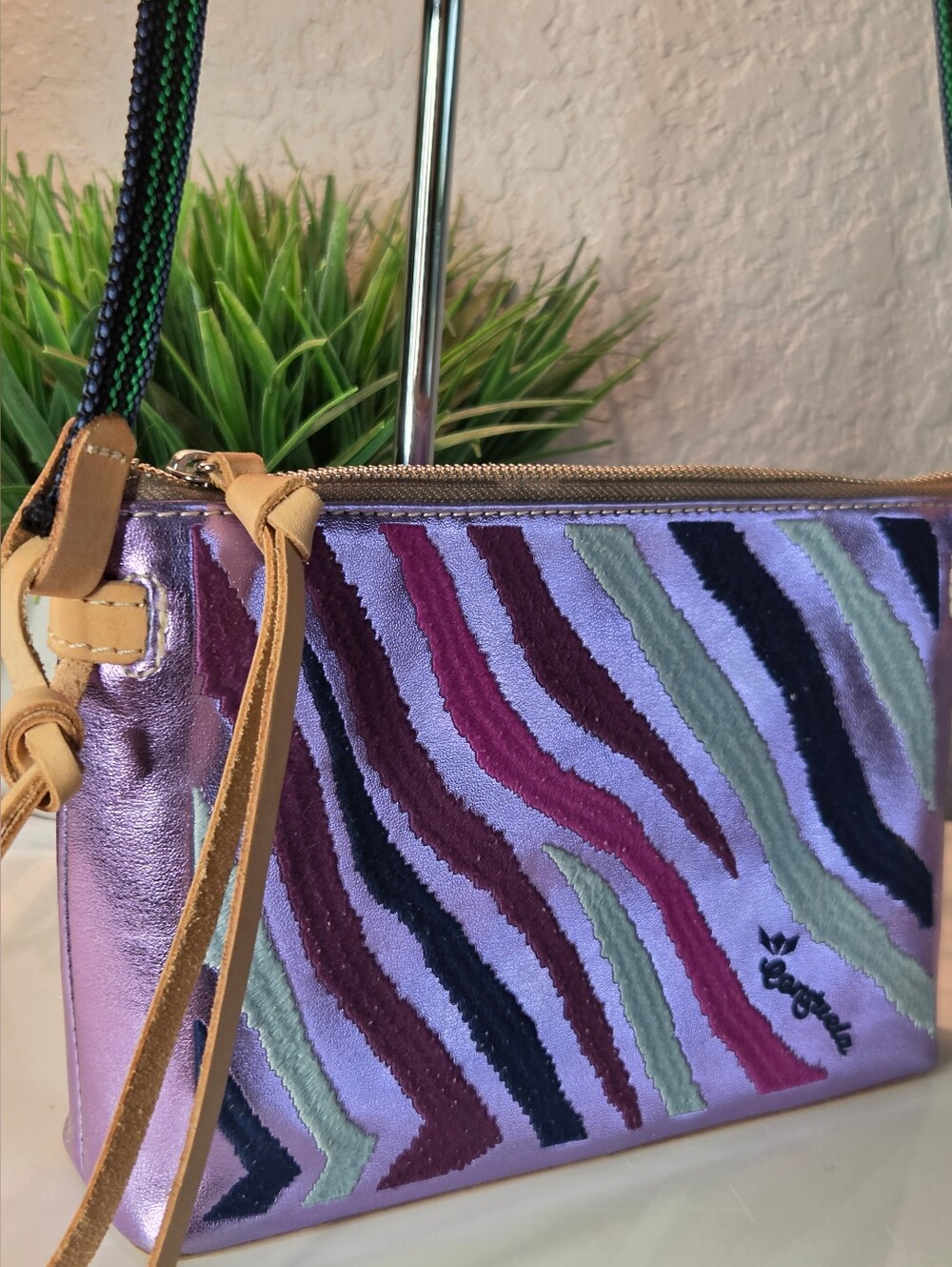 SOLD***Consuela Val Midtown Crossbody Purple Metallic Zebra Embroidered - Picture 3 of 16